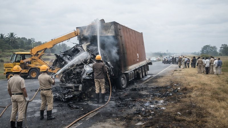 6 killed after truck crosses divider and hits sleeper coach in Chitradurga